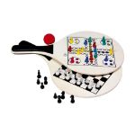 houten rackets met afbeelding van speelbord.