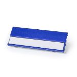 aluminium naamspeld met vervangbaar papier. - blauw