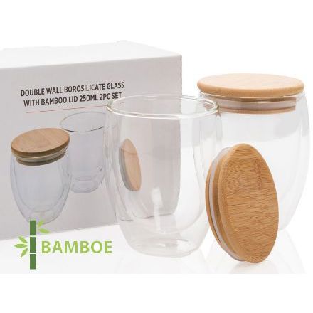 dubbelwandig borosilicaatglas bamboe deksel 250 ml