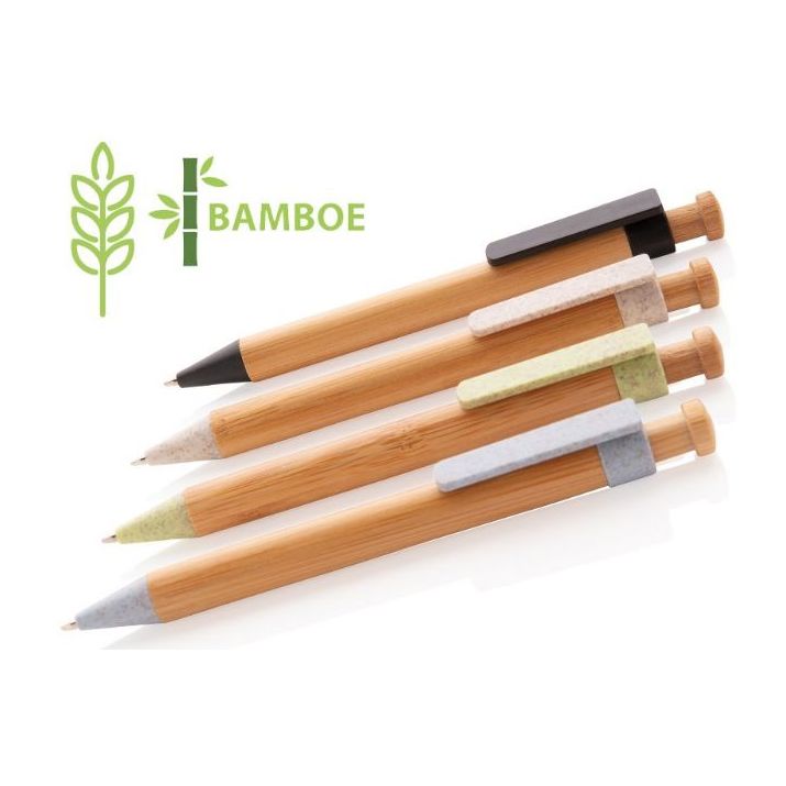 bamboe pen met tarwestro clip blauwschrijvend
