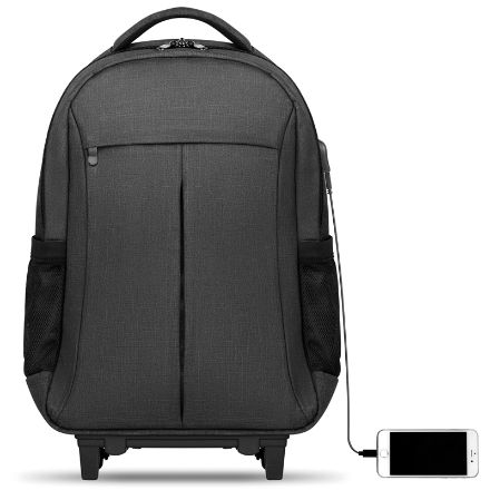 laptoprugzak met trolleyhandvat en wieltjes.