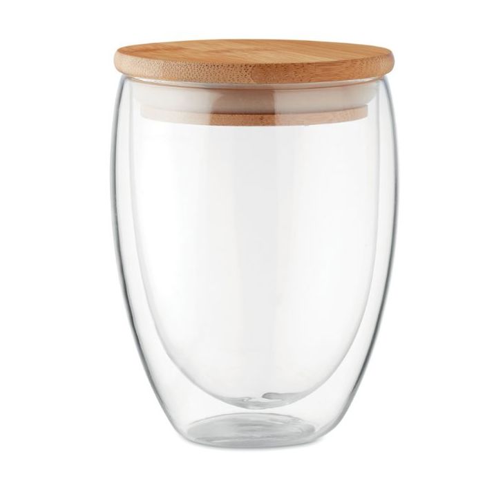 dubbelwandig drinkglas met bamboe deksel 350 ml