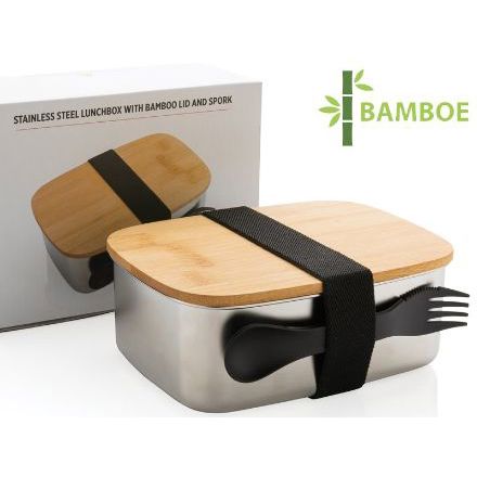 rvs lunchbox met bamboe deksel en spork