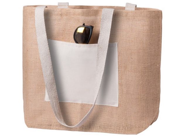 jute strandtas met gekleurde hengsels en voorvak.