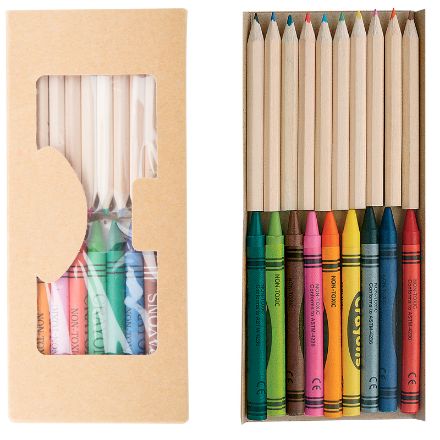 set van 10 kleurpotloden en 9 waskrijtjes.