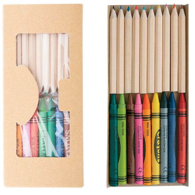 set van 10 kleurpotloden en 9 waskrijtjes.