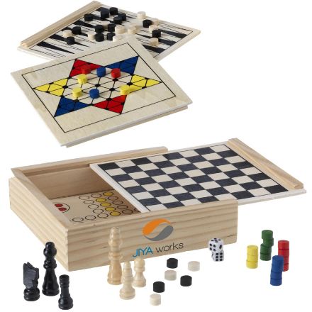 5 klassieke spellen in houten spellenkist.