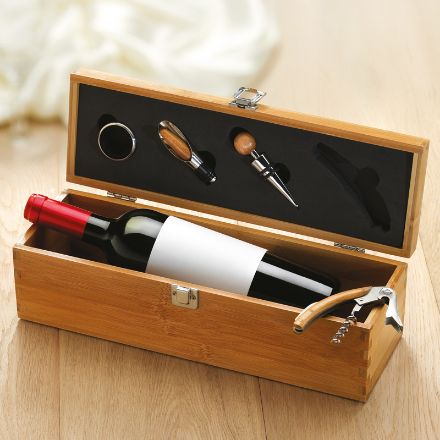 wijnset in bamboe wijnkist voor 1 fles wijn.