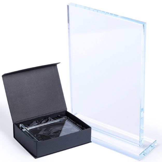 rechthoekige glazen trofee.