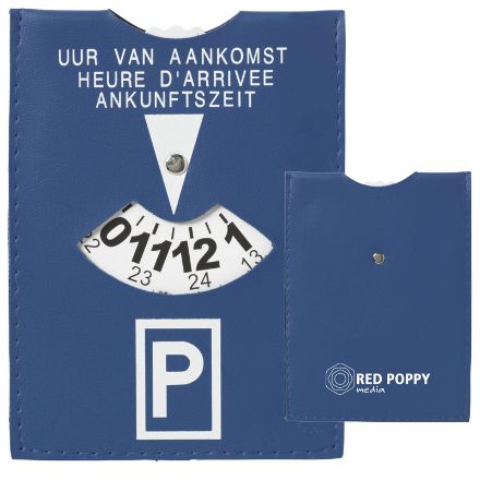 parkeerschijf van blauw imitatieleer.