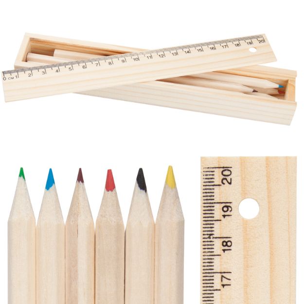 zes delige gekleurde potloden, in houten doosje.