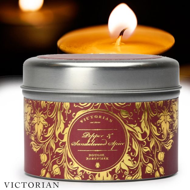 victorian tinbox pepper en sandalwood geurkaars