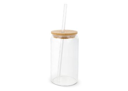 glas met bamboe deksel en rietje 450 ml