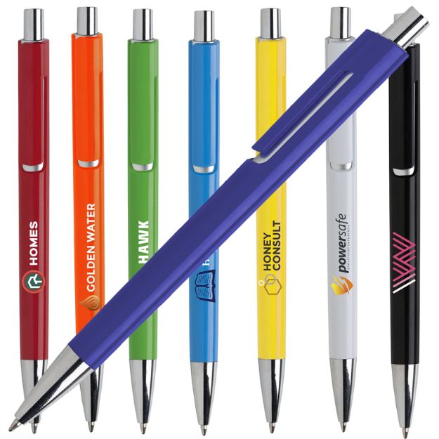 blauwschrijvende balpen met uniek design.