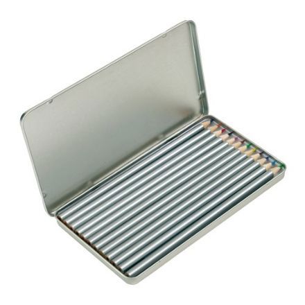 metalen doos met 12 zilverkleurige kleurpotloden