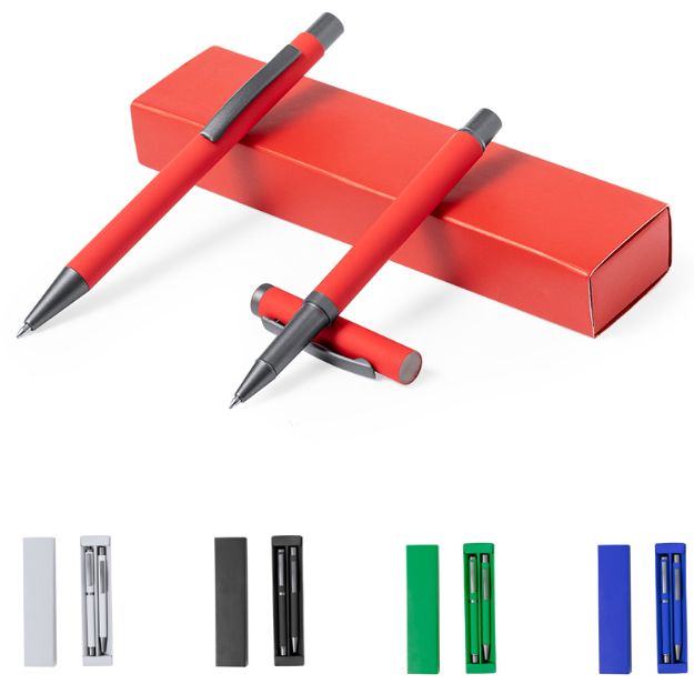 set balpen en rollerpen aluminium blauwschrijvend