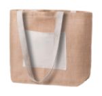 jute strandtas met gekleurde hengsels en voorvak.