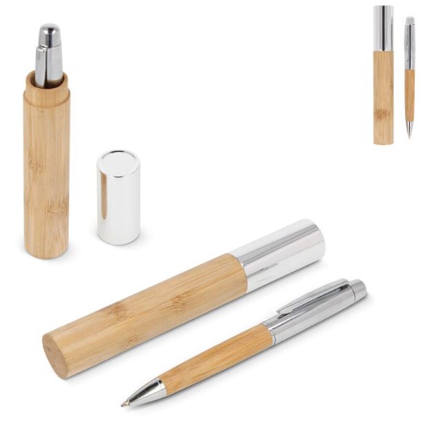 metalen balpen bamboe in koker blauwe inkt