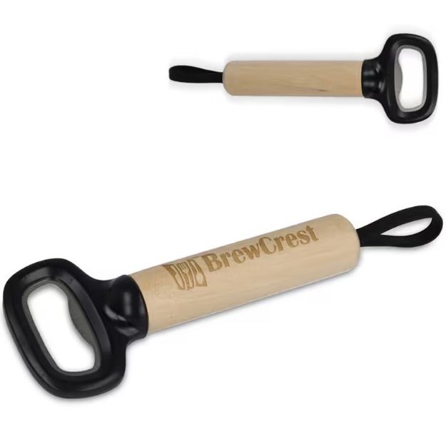 flesopener met houten handvat en riem