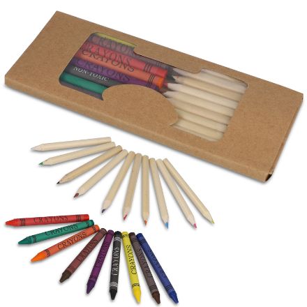 kleurpotloden en krijtjes in kraft doosje