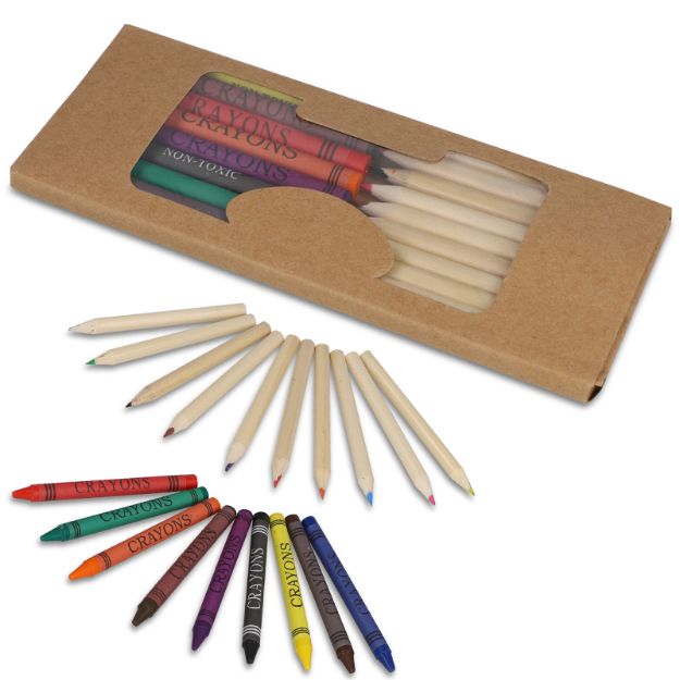 kleurpotloden en krijtjes in kraft doosje