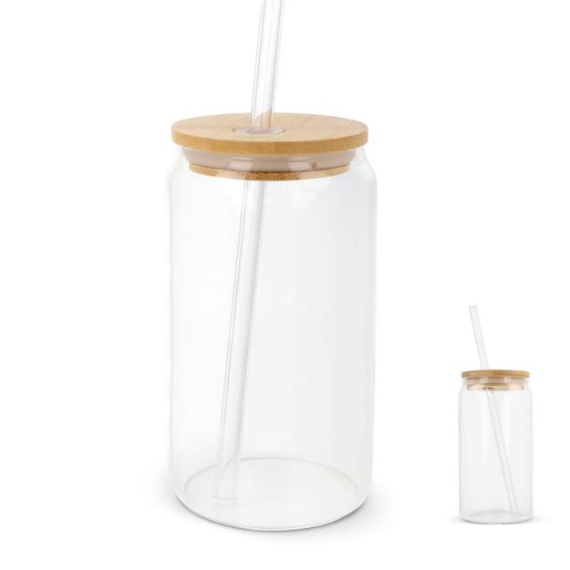 glas met bamboe deksel en rietje 450 ml