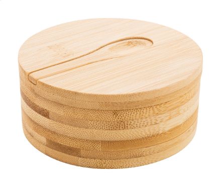 peper en zouthouder van bamboe met serveerlepel