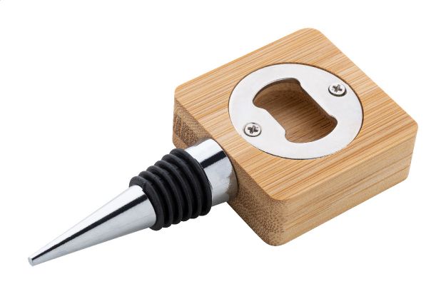 wijnstopper metaal met flesopener in bamboe