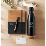 3-delige geschenkset met flesm boek en balpen