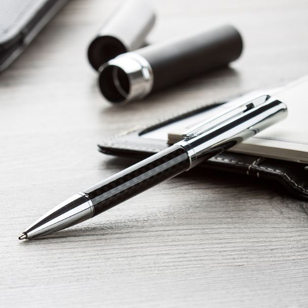 metalen balpen met carbonnen design blauwe inkt