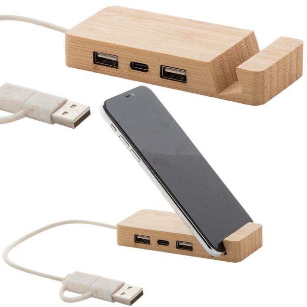 bamboe usb hub met 2 usb een 1 usb-c. usb 2.0