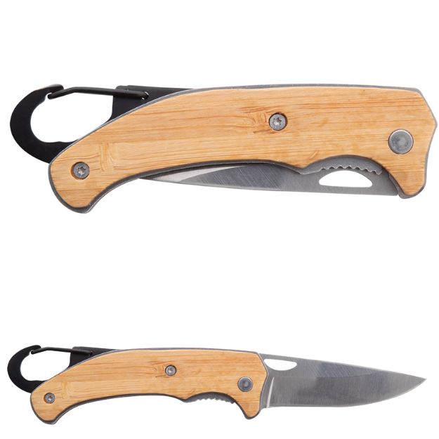 rvs zakmes met bamboe handvat en karabijnhaak mear