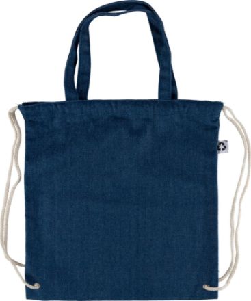 gerecycleerd denim trekkoordrugtas met hengsels