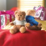 pluche teddybeer in een sweater met capuchon.