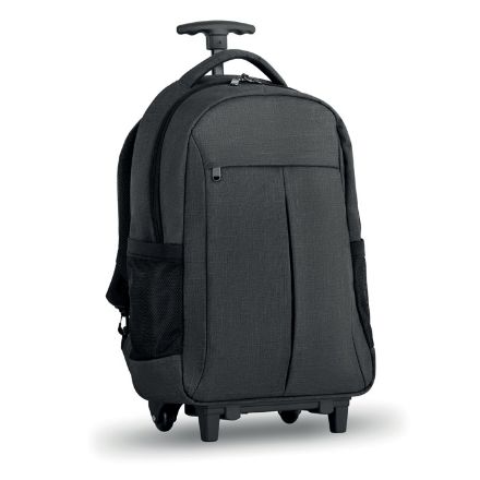 laptoprugzak met trolleyhandvat en wieltjes.