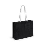 strandtas van jute en katoen, lange hengsels - zwart