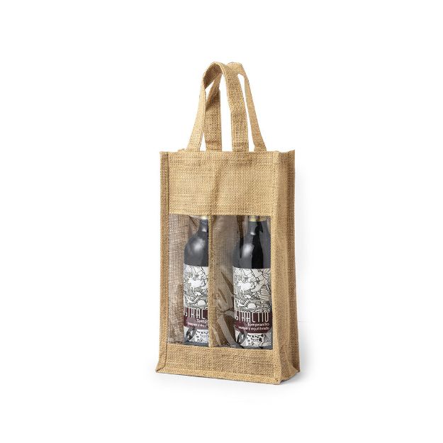 jute zak met pvc venster voor twee flessen