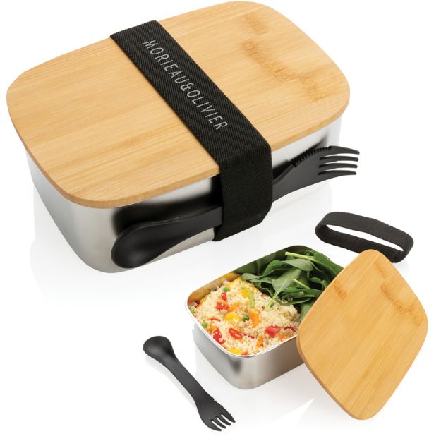 rvs lunchbox met bamboe deksel en spork 900 ml