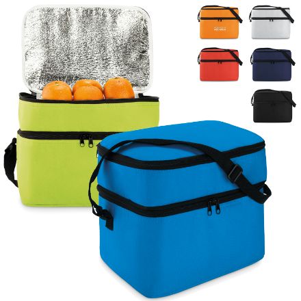 koeltas 600d polyester met 2 compartimenten.
