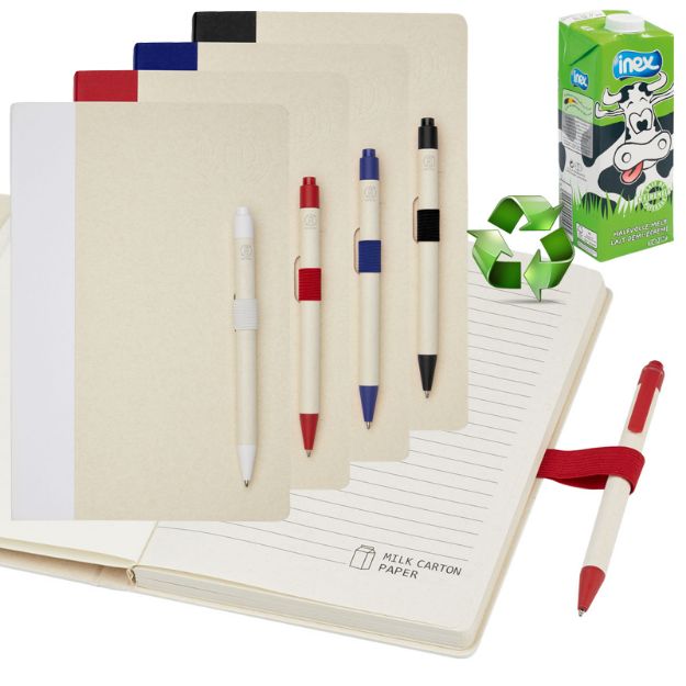 set a5 notitieboek en balpen van melkverpakkingen