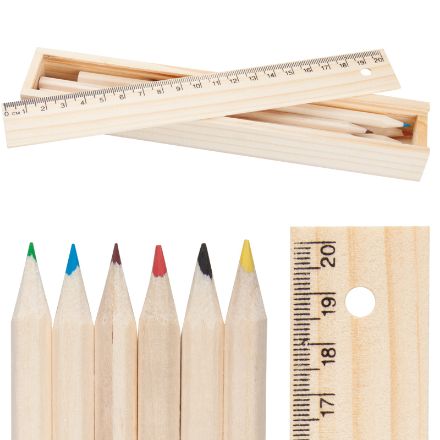 zes delige gekleurde potloden, in houten doosje.