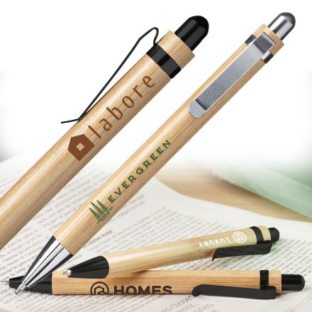 bamboe balpen met metalen clip blauwschrijvend