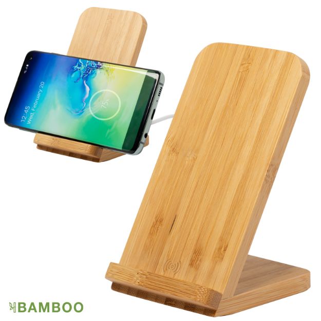 bamboe draadloze oplader met telefoonhouder dimper