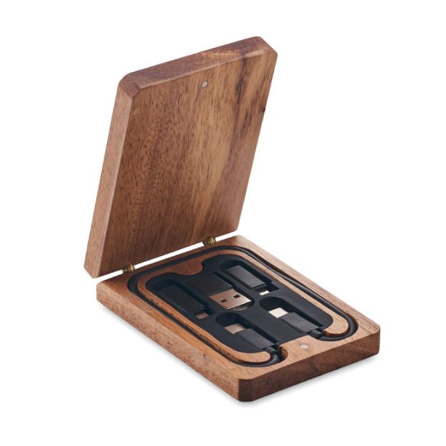 3-in-1 oplaadkabelset in acaciahout etui