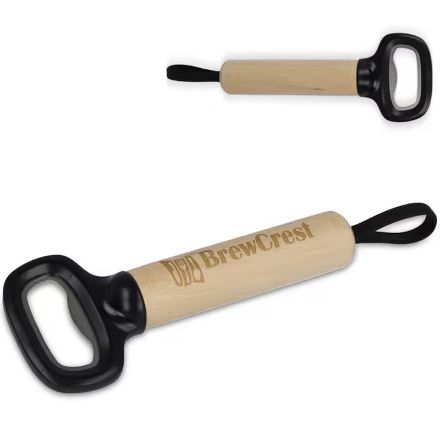 flesopener met houten handvat en riem