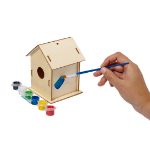vogelhuisje met 6 verfgpotjes en een penseel spyde