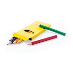 zes kleurpotloodjes in kartonnen doosje