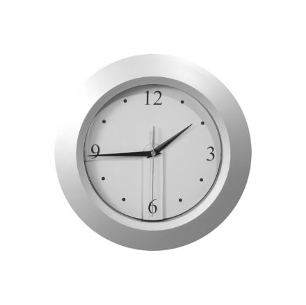 zilverkleurige ronde wandklok.