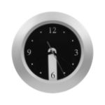 zilverkleurige ronde wandklok.