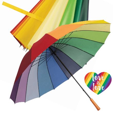 golfparaplu in regenboogkleuren met 16 panelen.